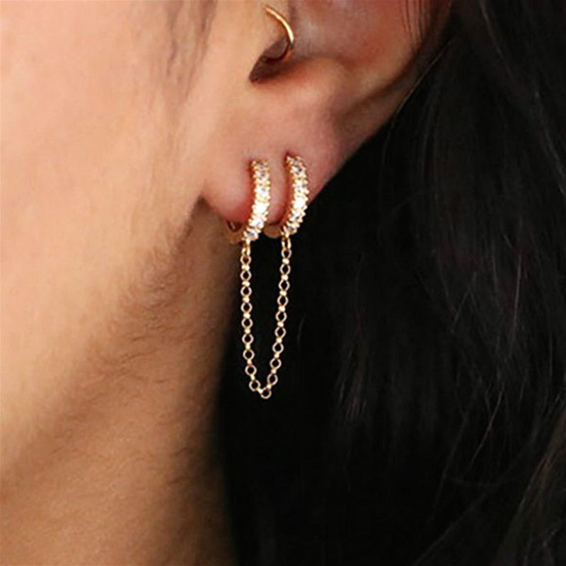 Crystal zircon chain earrings with two-hole design in three metal colors