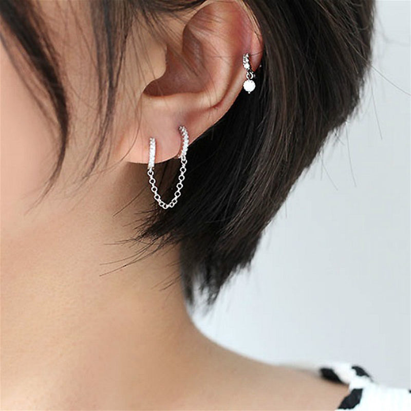 Crystal zircon chain earrings with two-hole design in three metal colors