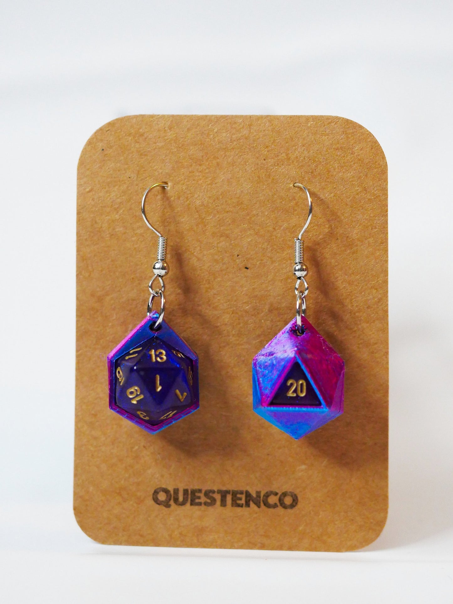 Mini Purple Magic Rollable D20 Earrings with Removable Dice