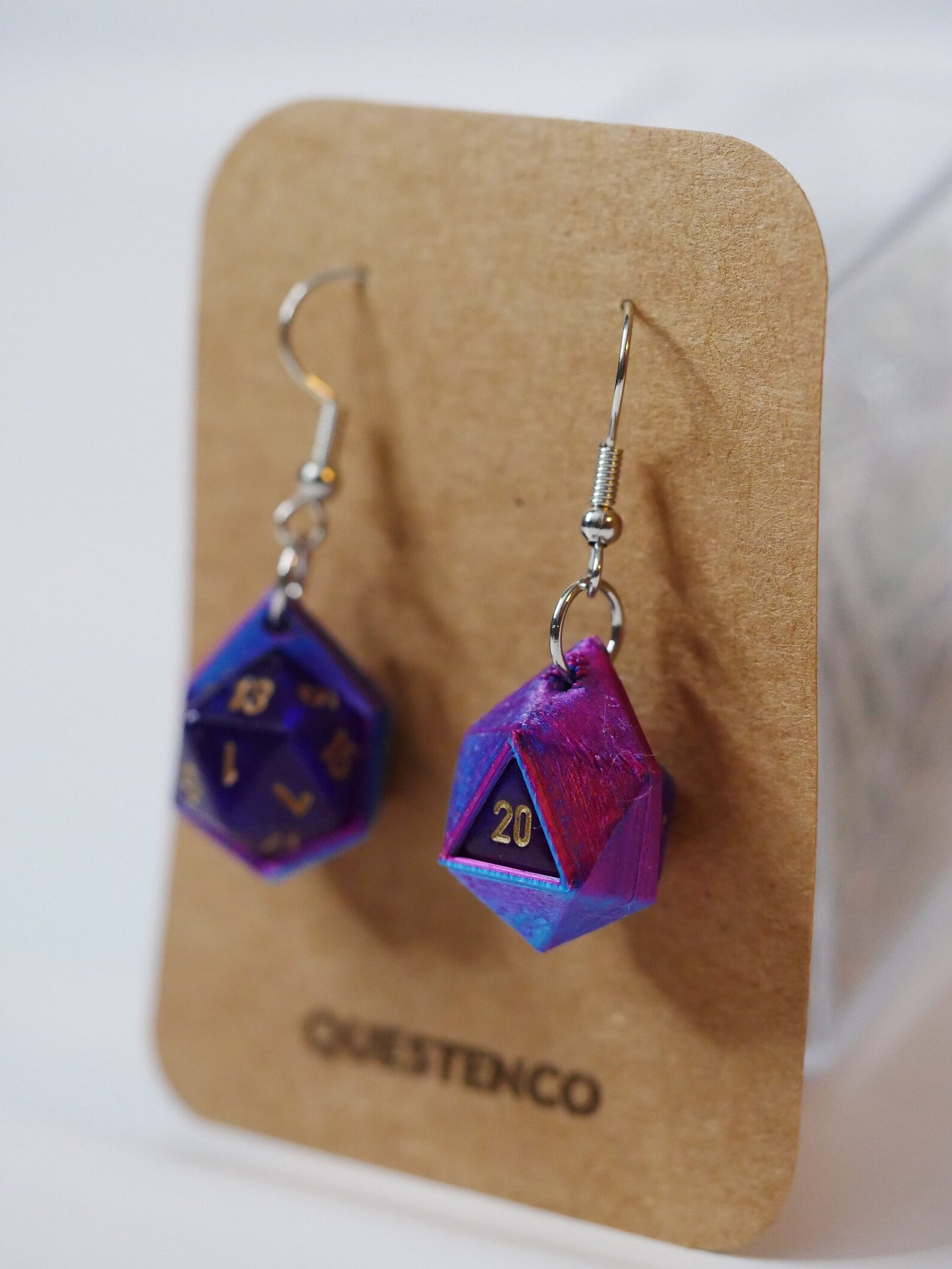 Mini Purple Magic Rollable D20 Earrings with Removable Dice