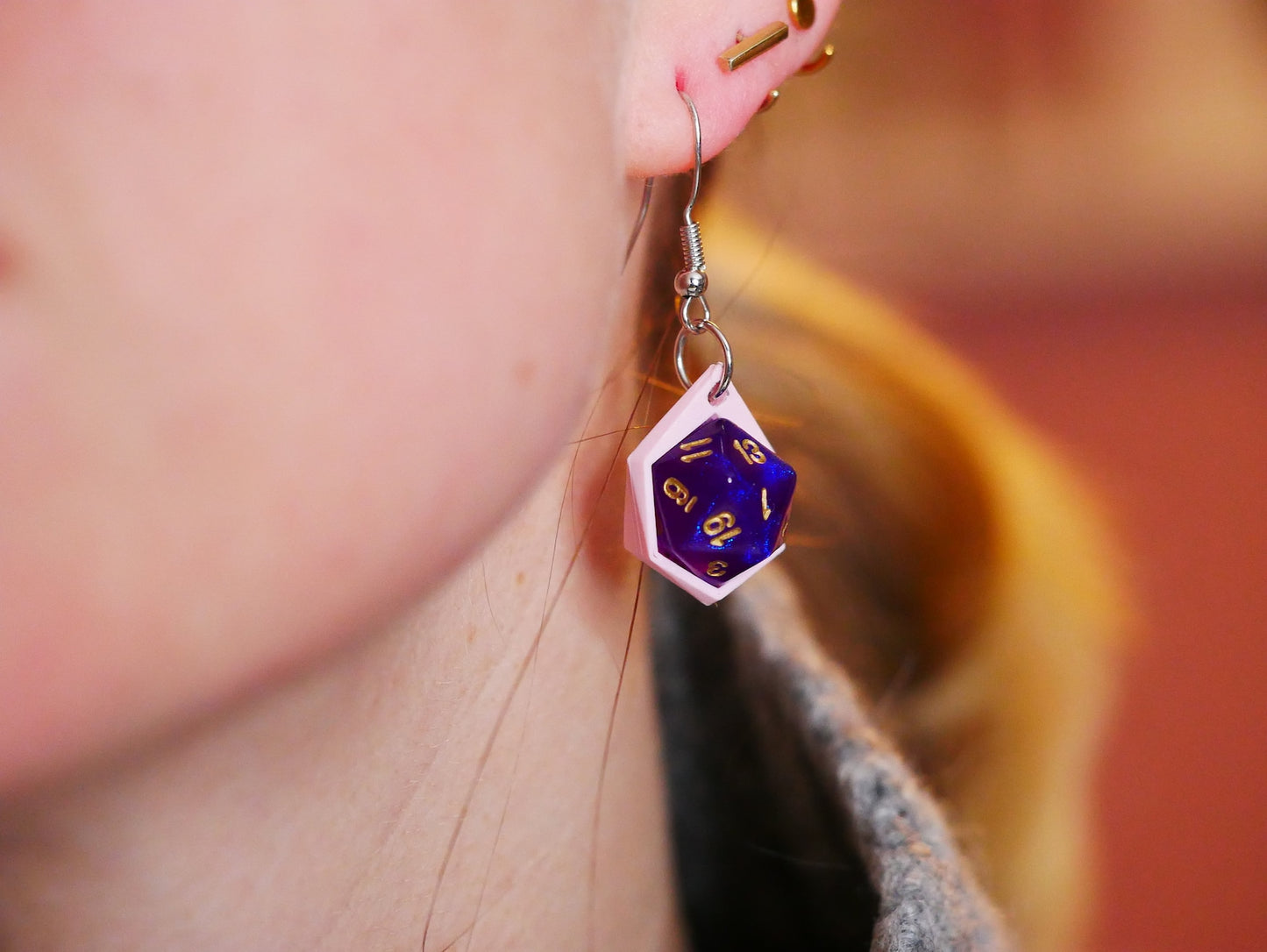 Mini Purple Magic Rollable D20 Earrings with Removable Dice