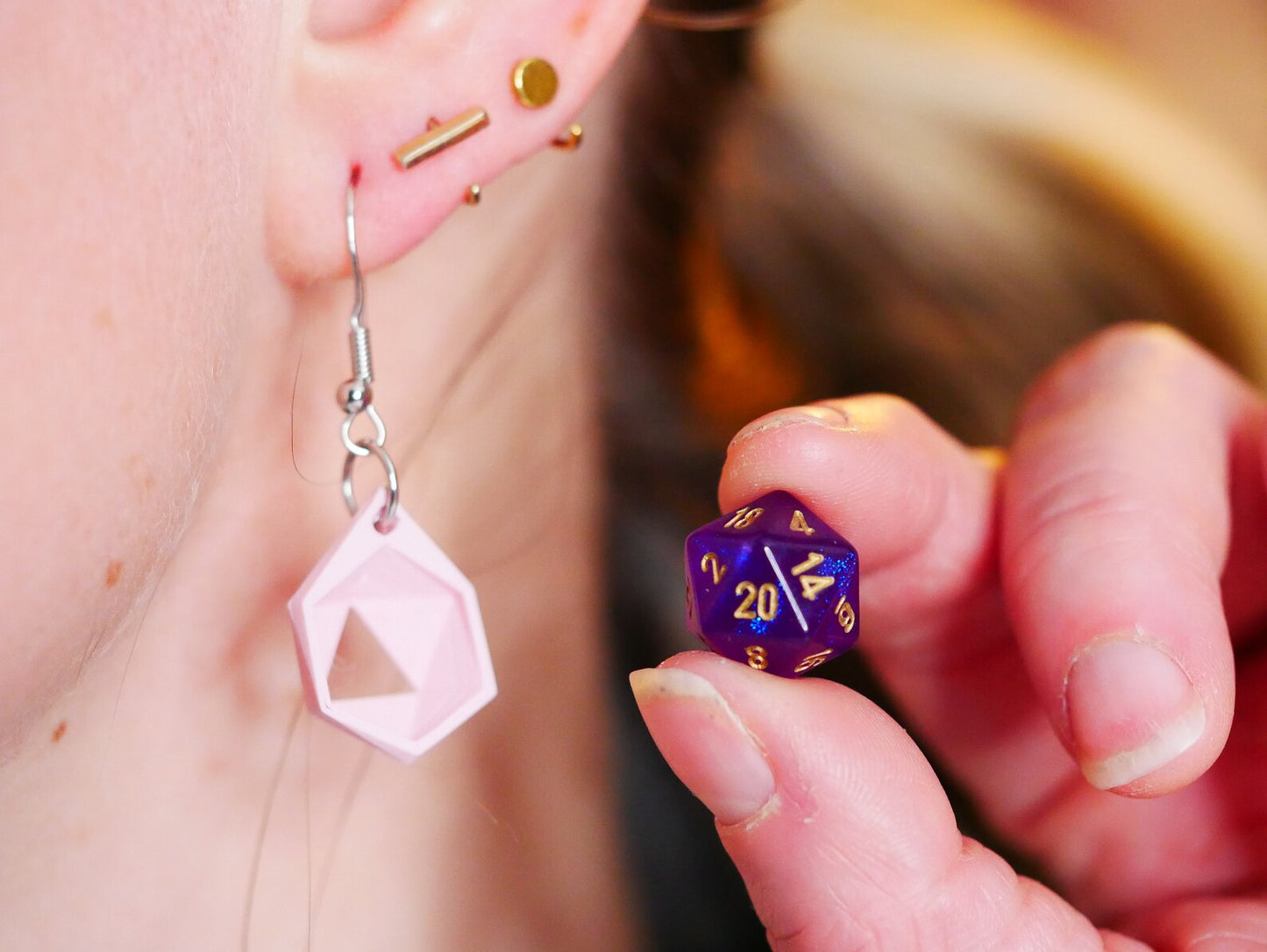 Mini Purple Magic Rollable D20 Earrings with Removable Dice