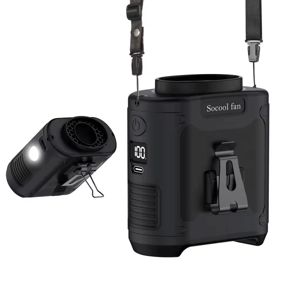 SOCOOL Portable Clip-On Fan with Flashlight in Black