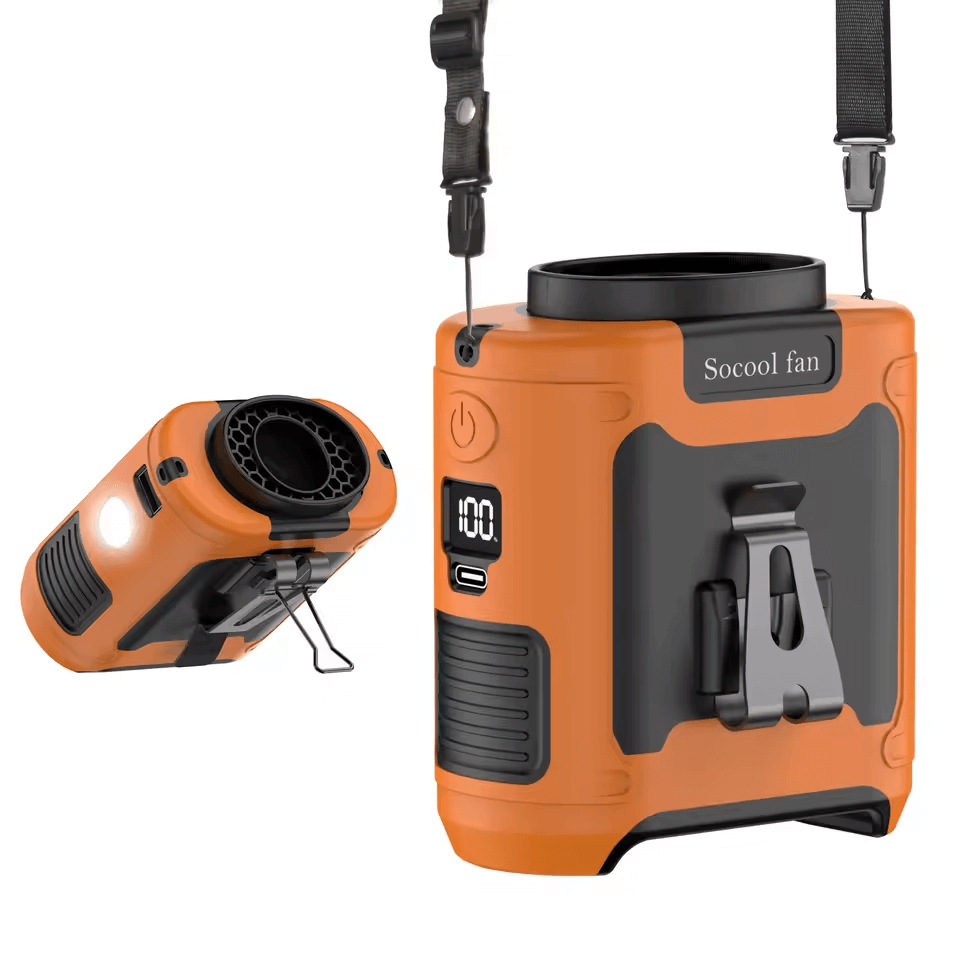 SOCOOL Portable Clip-On Fan with Flashlight in Orange