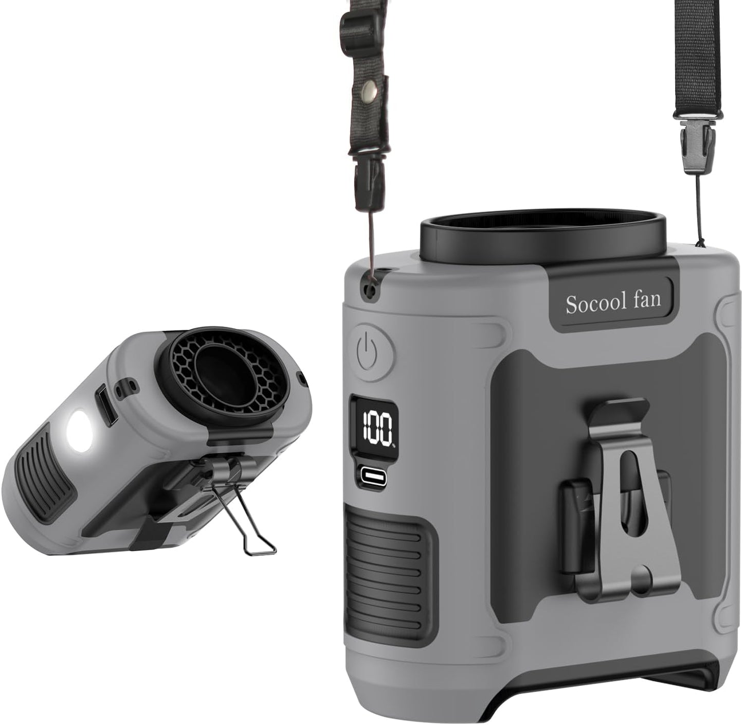 SOCOOL Portable Clip-On Fan with Flashlight in Gray
