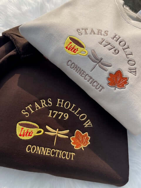 Stars Hollow embroidered crewneck with 'Where You Lead, I Will Follow' design