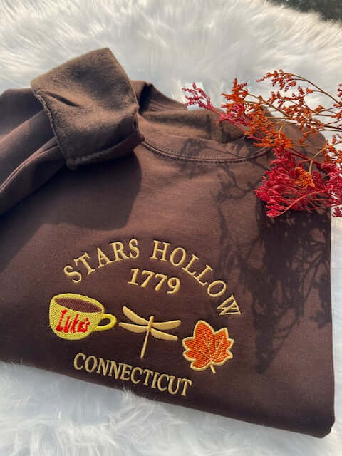 Stars Hollow embroidered crewneck with 'Where You Lead, I Will Follow' design