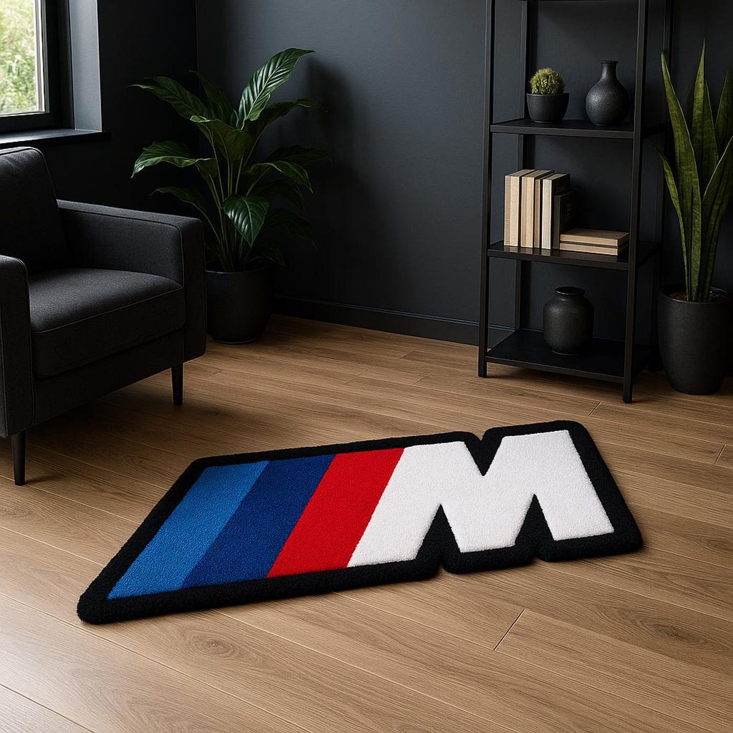 BMW racing car rug in a stylish garage setting