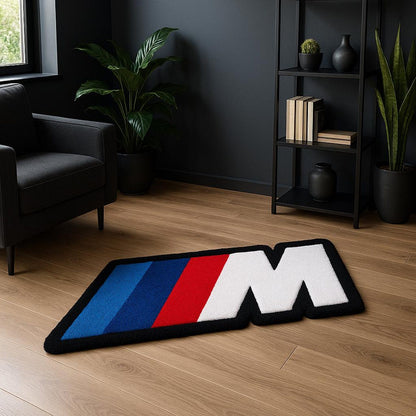 BMW racing car rug in a stylish garage setting