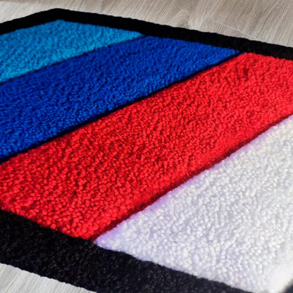 BMW racing car rug in a stylish garage setting