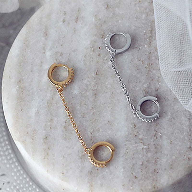 Crystal zircon chain earrings with two-hole design in three metal colors