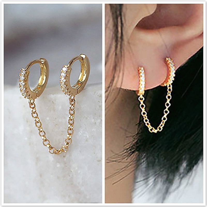 Crystal zircon chain earrings with two-hole design in three metal colors