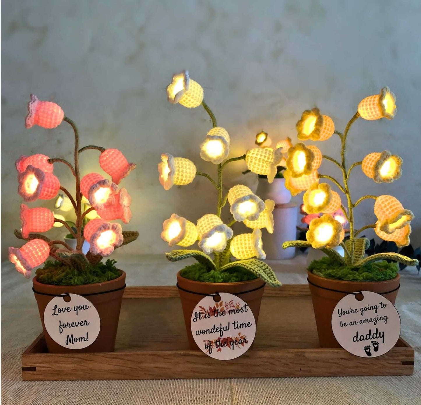Handmade crochet Lily of the Valley night light glowing softly