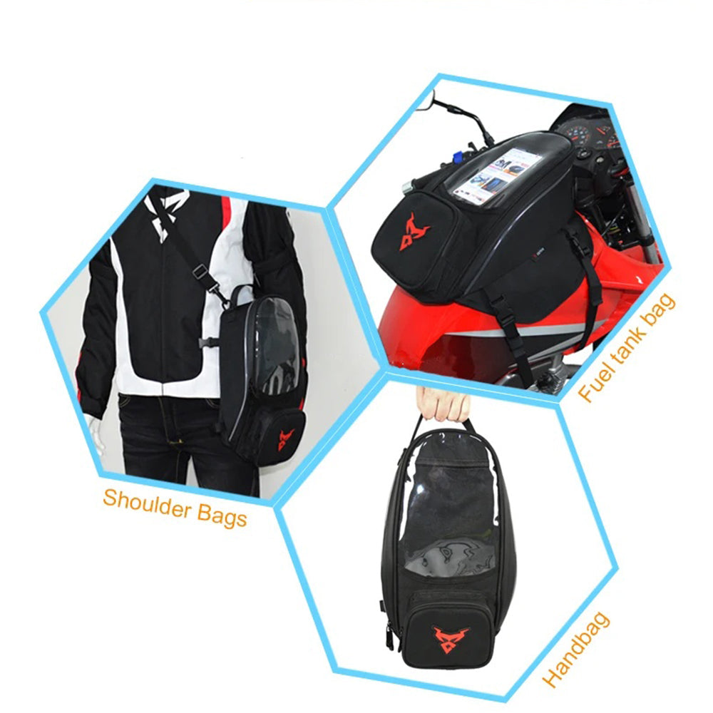 Magnetic motorcycle tank bag with touchscreen