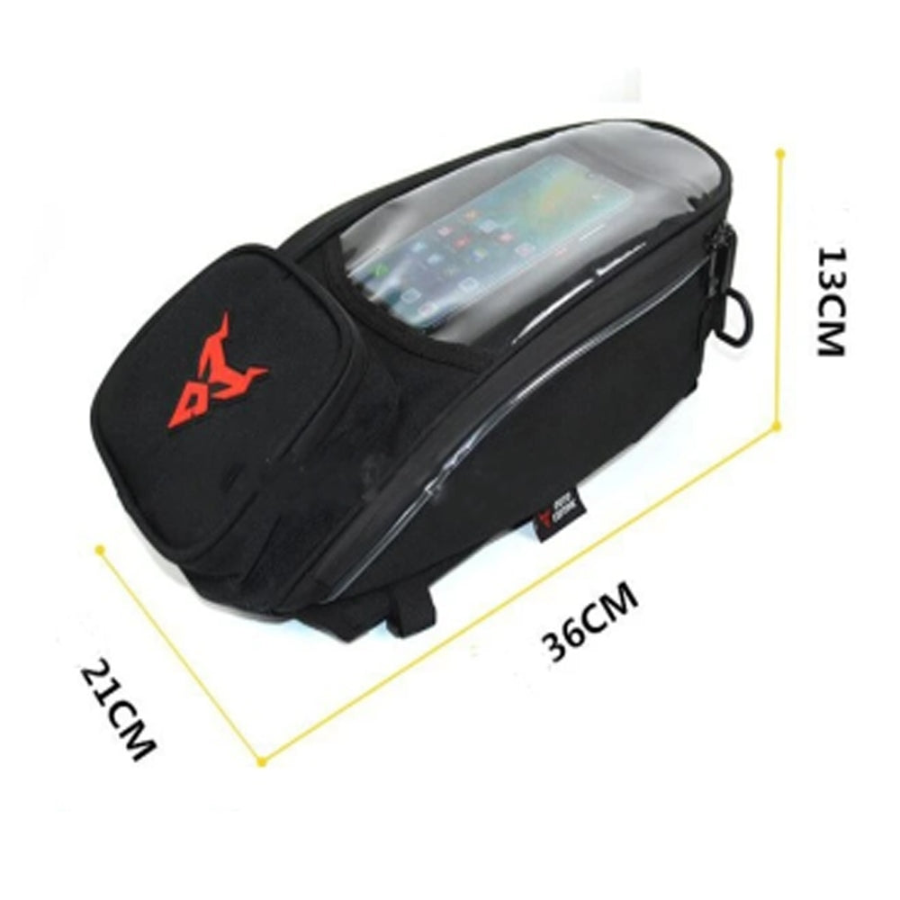 Magnetic motorcycle tank bag with touchscreen