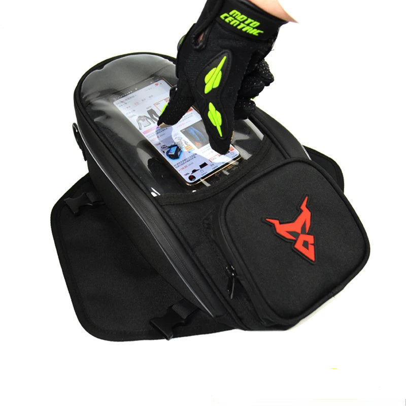 Magnetic motorcycle tank bag with touchscreen
