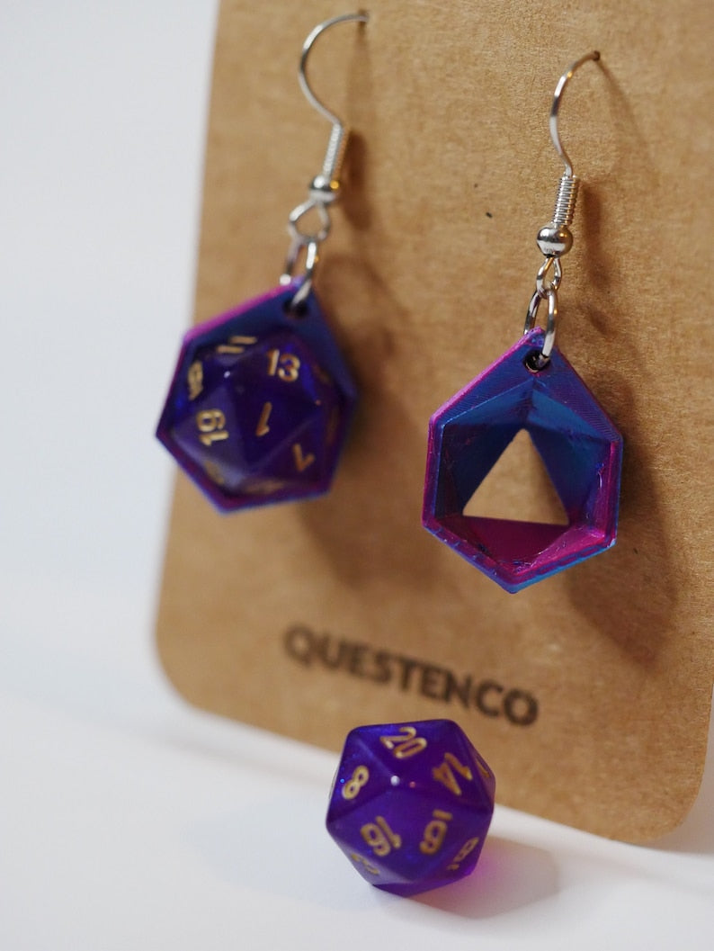 Mini Purple Magic Rollable D20 Earrings with Removable Dice