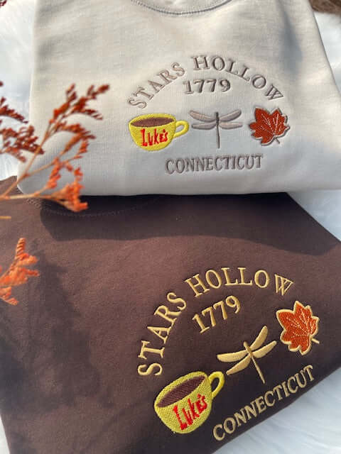Stars Hollow embroidered crewneck with 'Where You Lead, I Will Follow' design