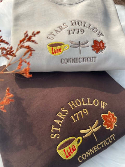 Stars Hollow embroidered crewneck with 'Where You Lead, I Will Follow' design